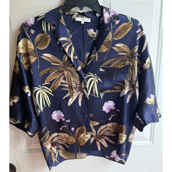 VINCE $325 Women's Blouse Top Mixed Tropical Garden Button Front 100% Silk XS